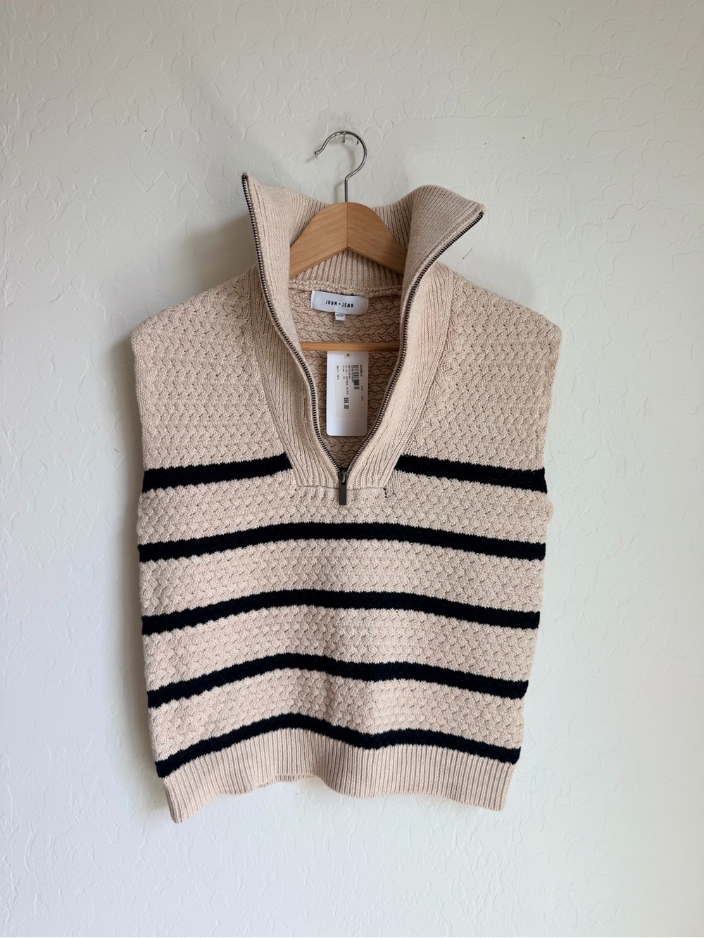 John + Jenn Cream and Black Striped Half-Zip Sweater Vest